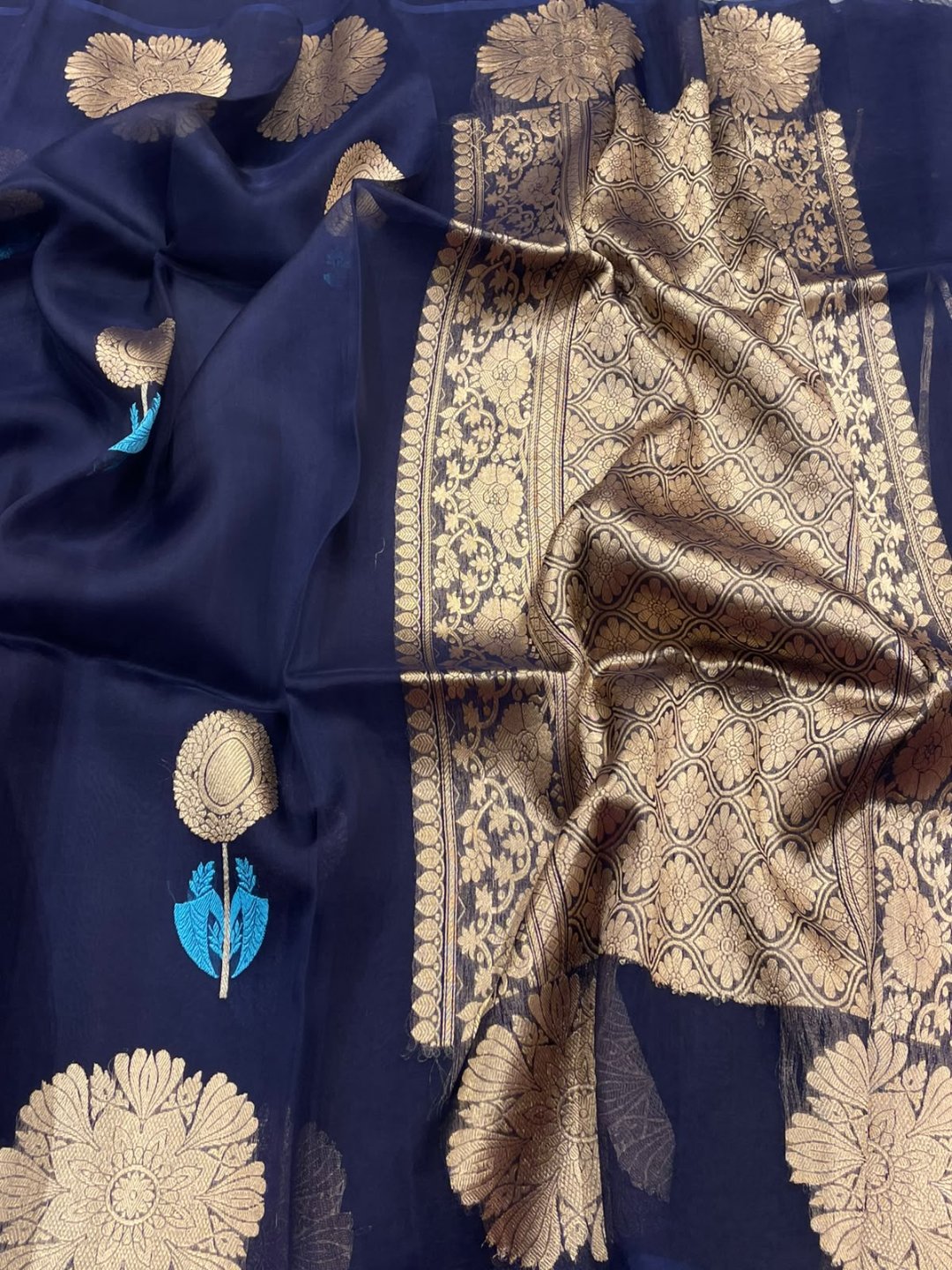 Navy Blue Kora Silk Banarasi saree front drape view