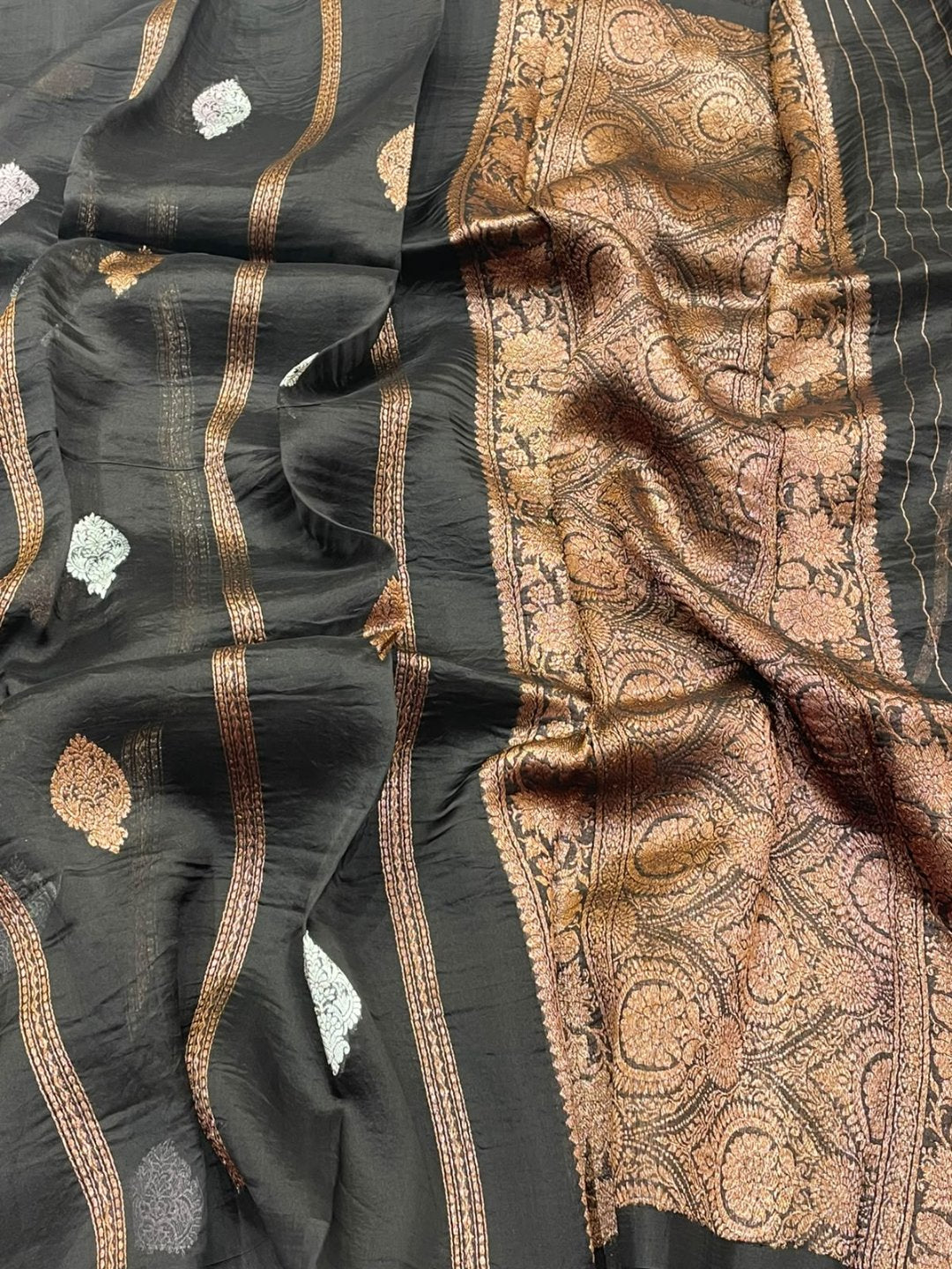 Black Kora Silk Banarasi saree front drape view