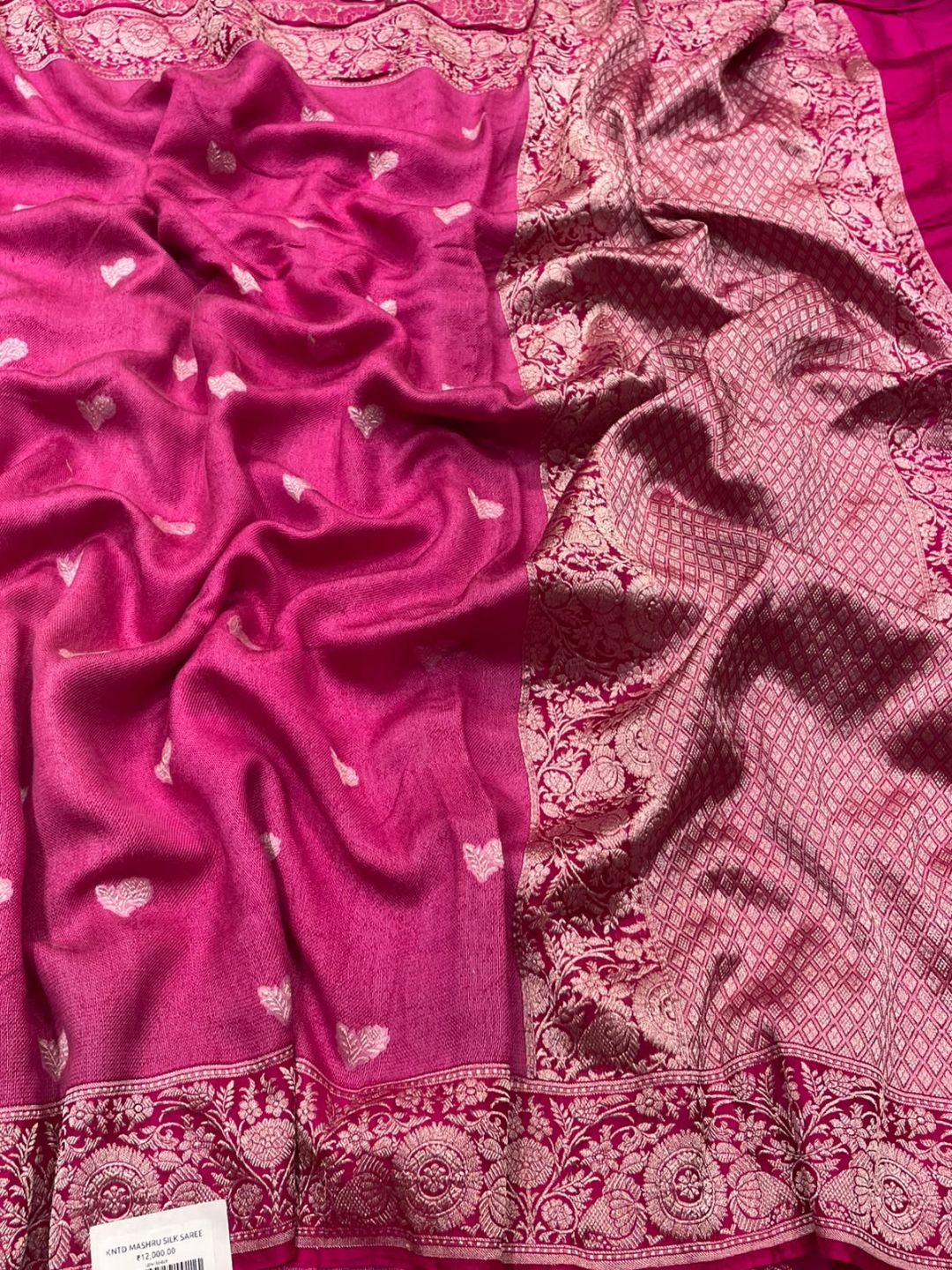 Pink Mashru silk Banarasi saree front drape view