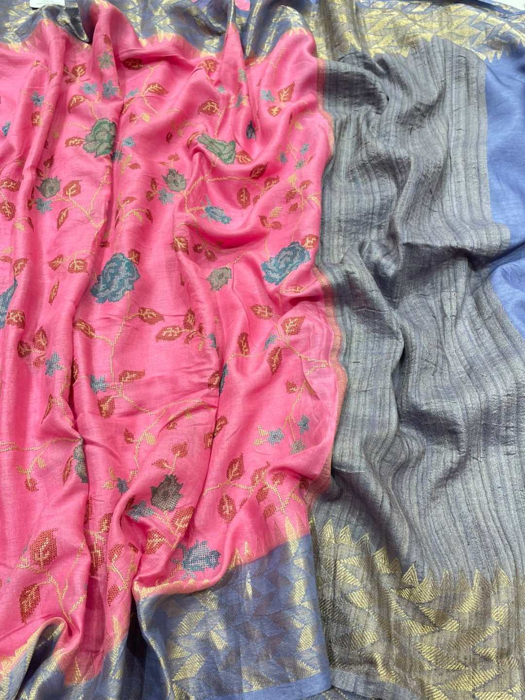 Pink with Sea blue border Tussar Silk Banarasi saree front drape view