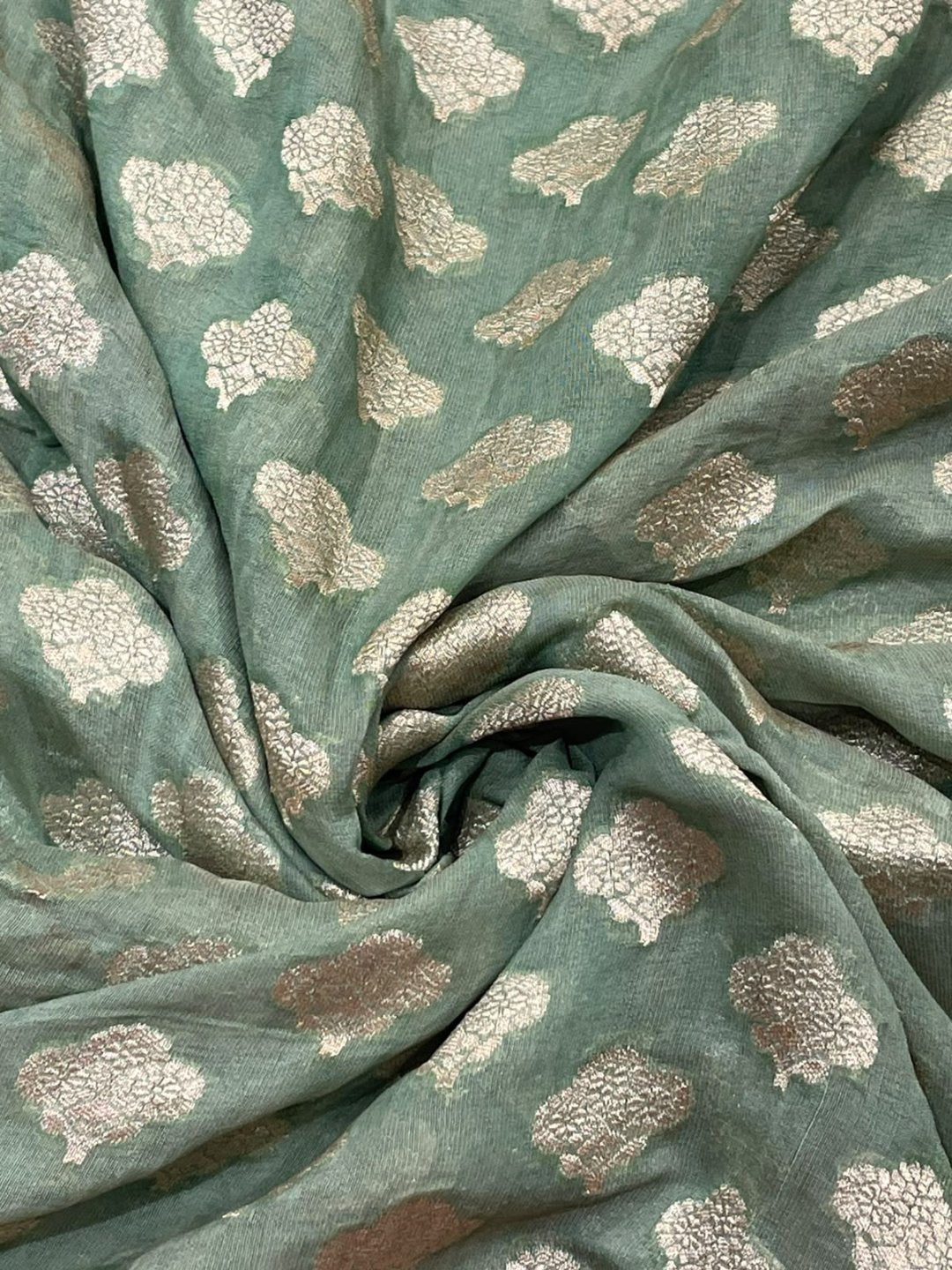Olive Green Tissue Silk Banarasi saree border closeup