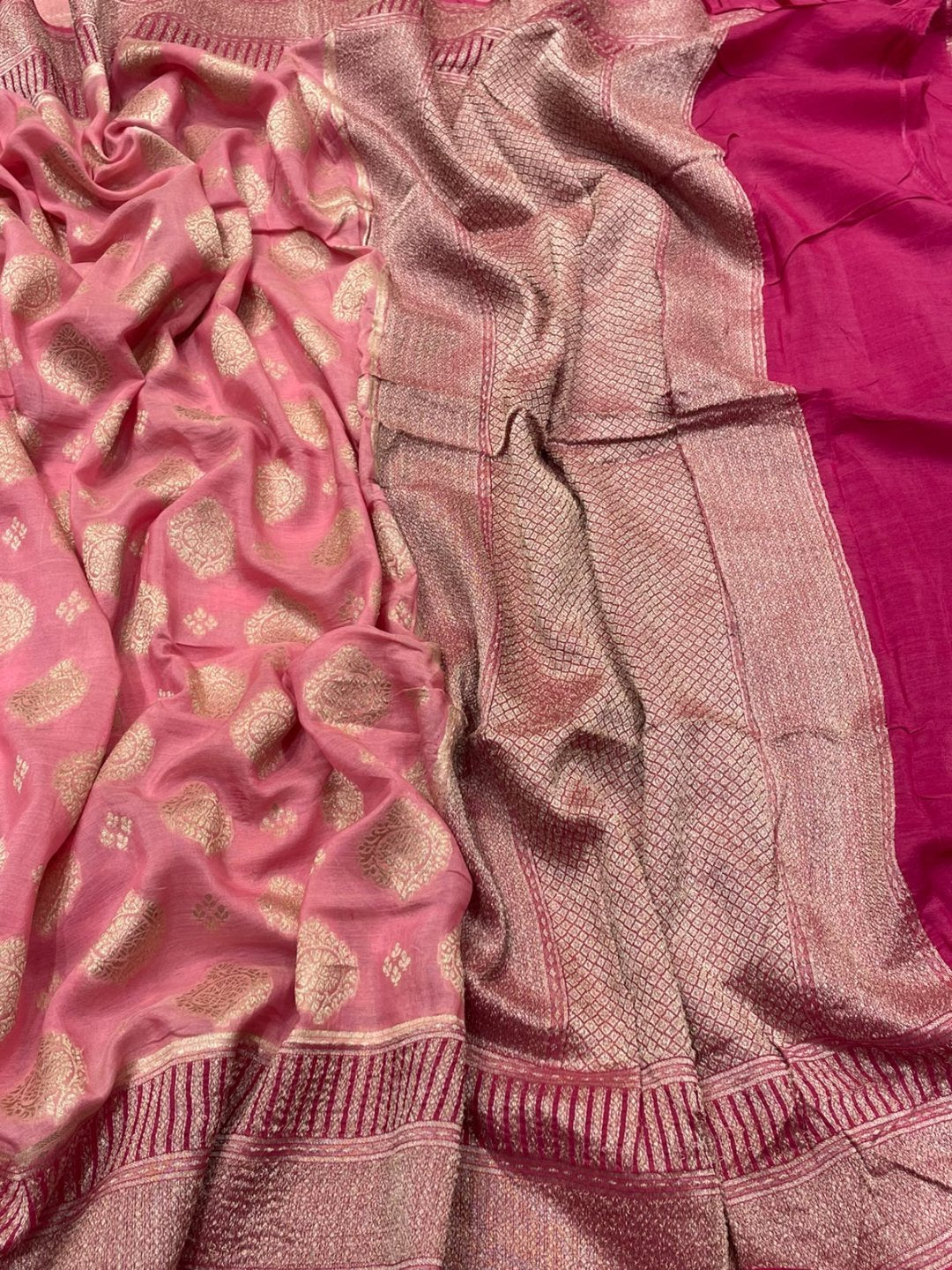 Light pink Tussar Silk Banarasi saree front drape view
