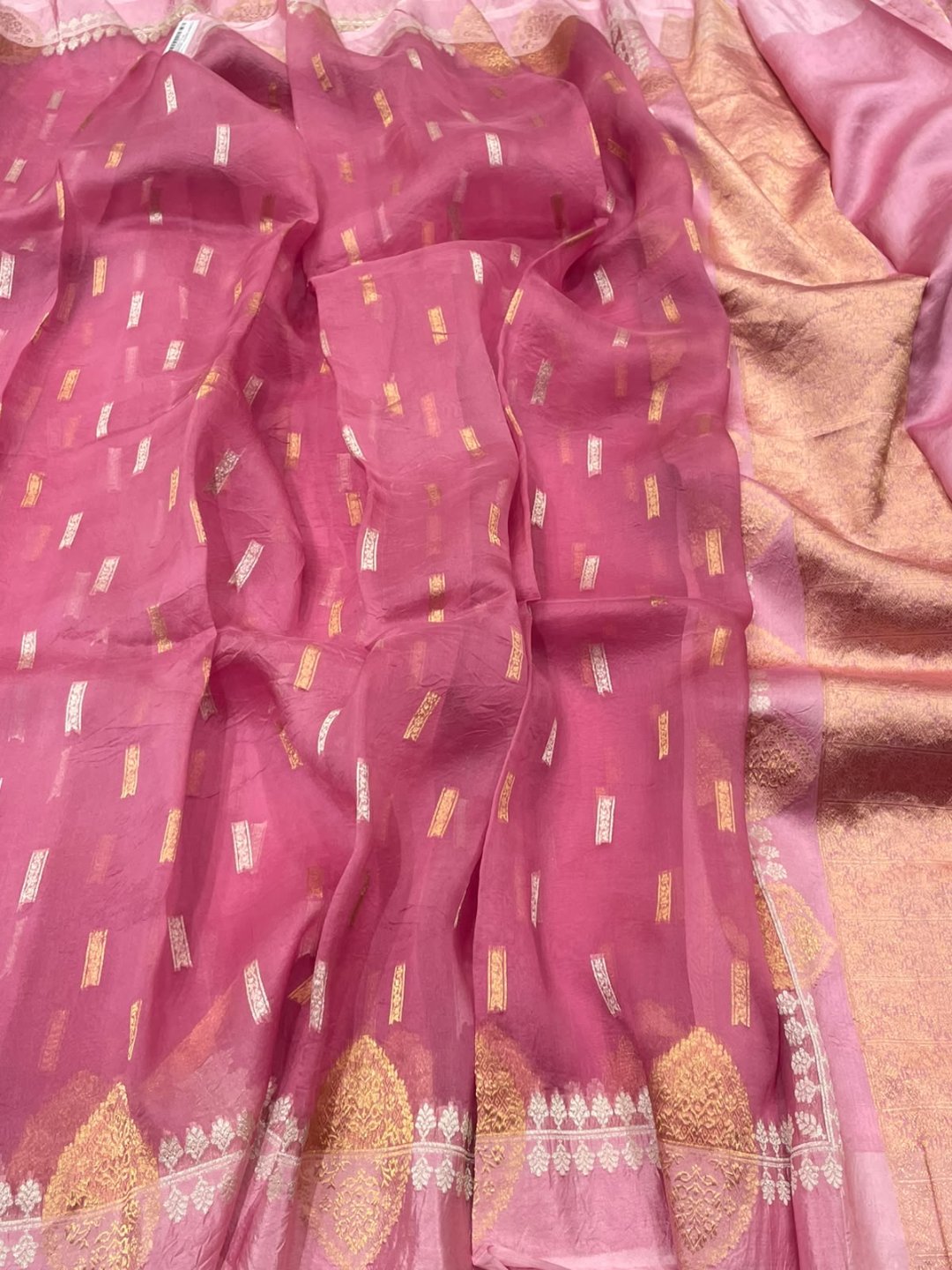Rose pink Kora Silk Banarasi saree front drape view