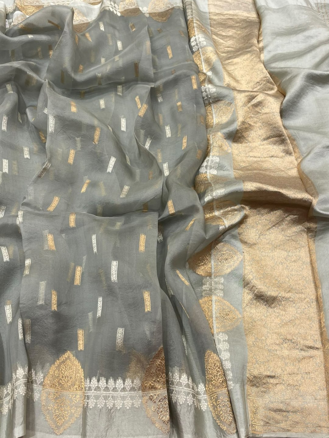 Smokey Grey Kora Silk Banarasi saree front drape view