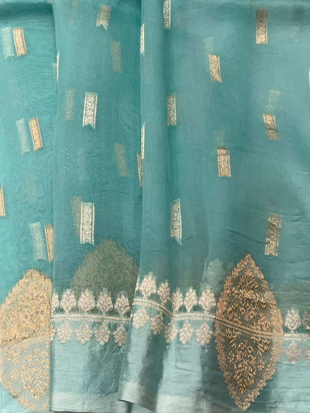 Sea blue Kora Silk Banarasi saree pallu detail