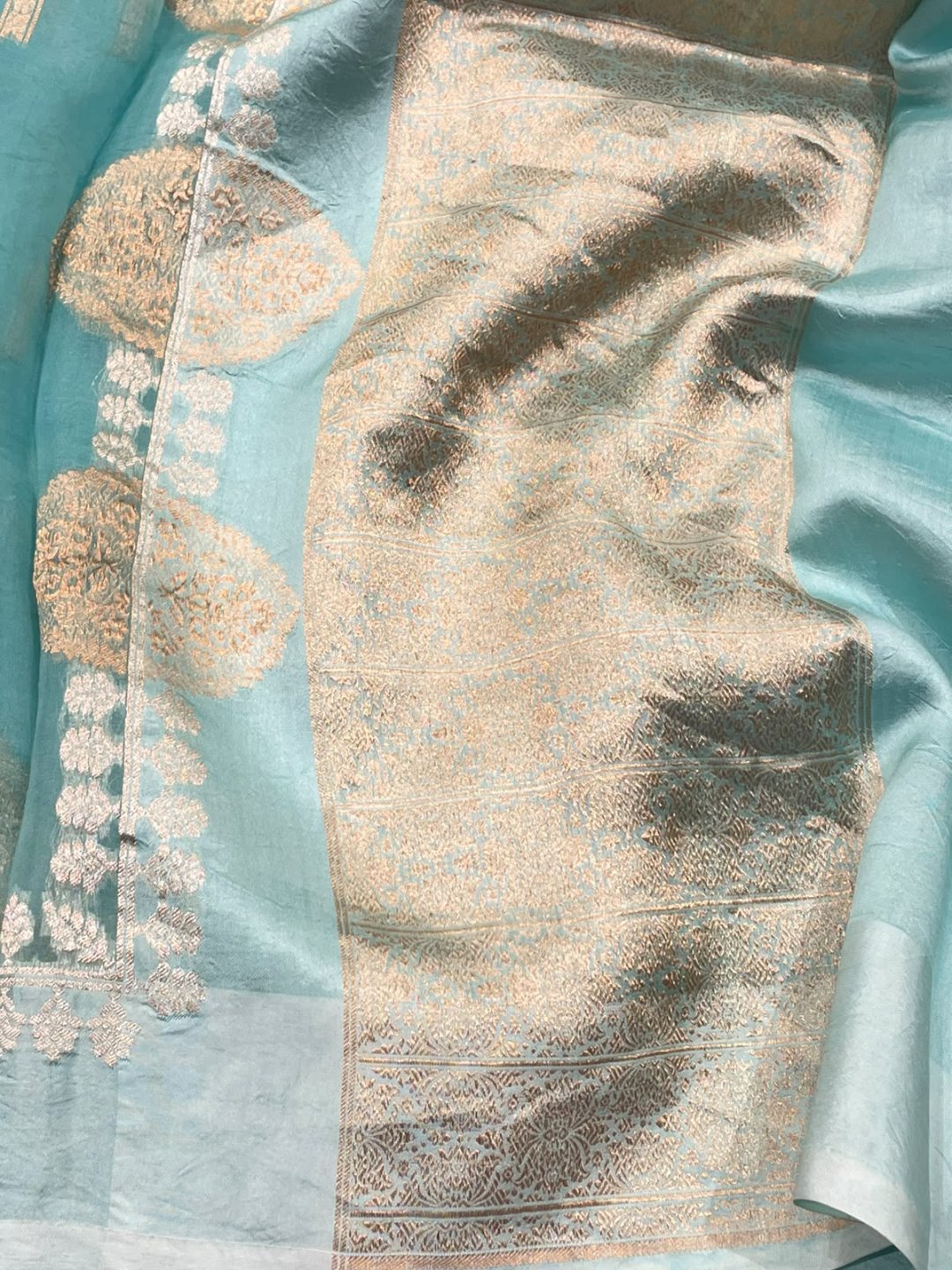 Sea blue Kora Silk Banarasi saree border closeup