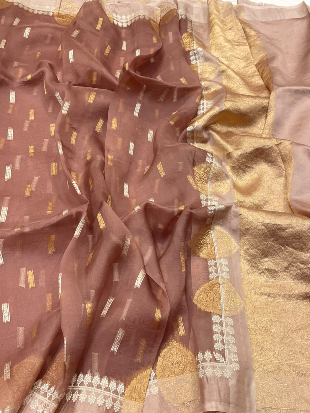 Dusty Pink Kora Silk Banarasi saree front drape view