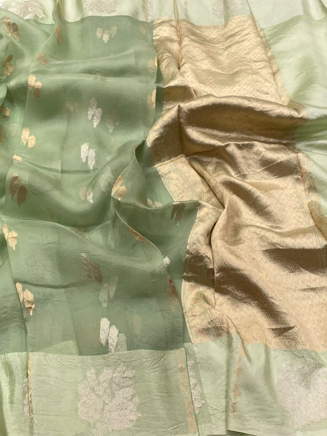 Light Green Kora Silk Banarasi saree front drape view