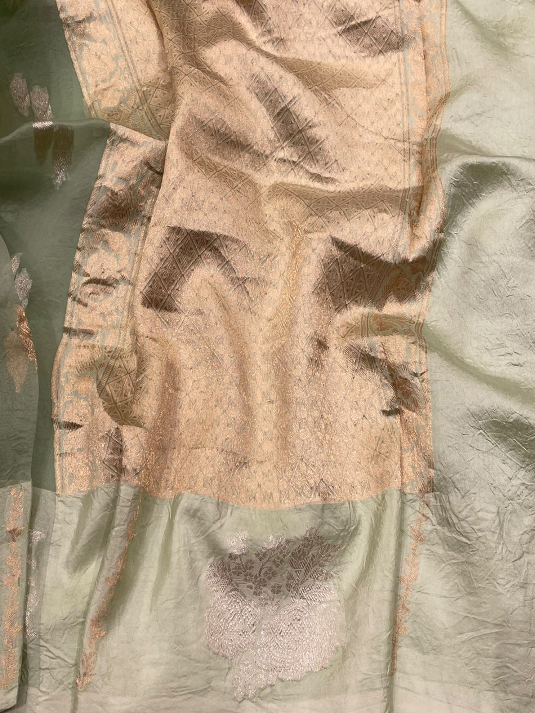 Light Green Kora Silk Banarasi saree pallu detail
