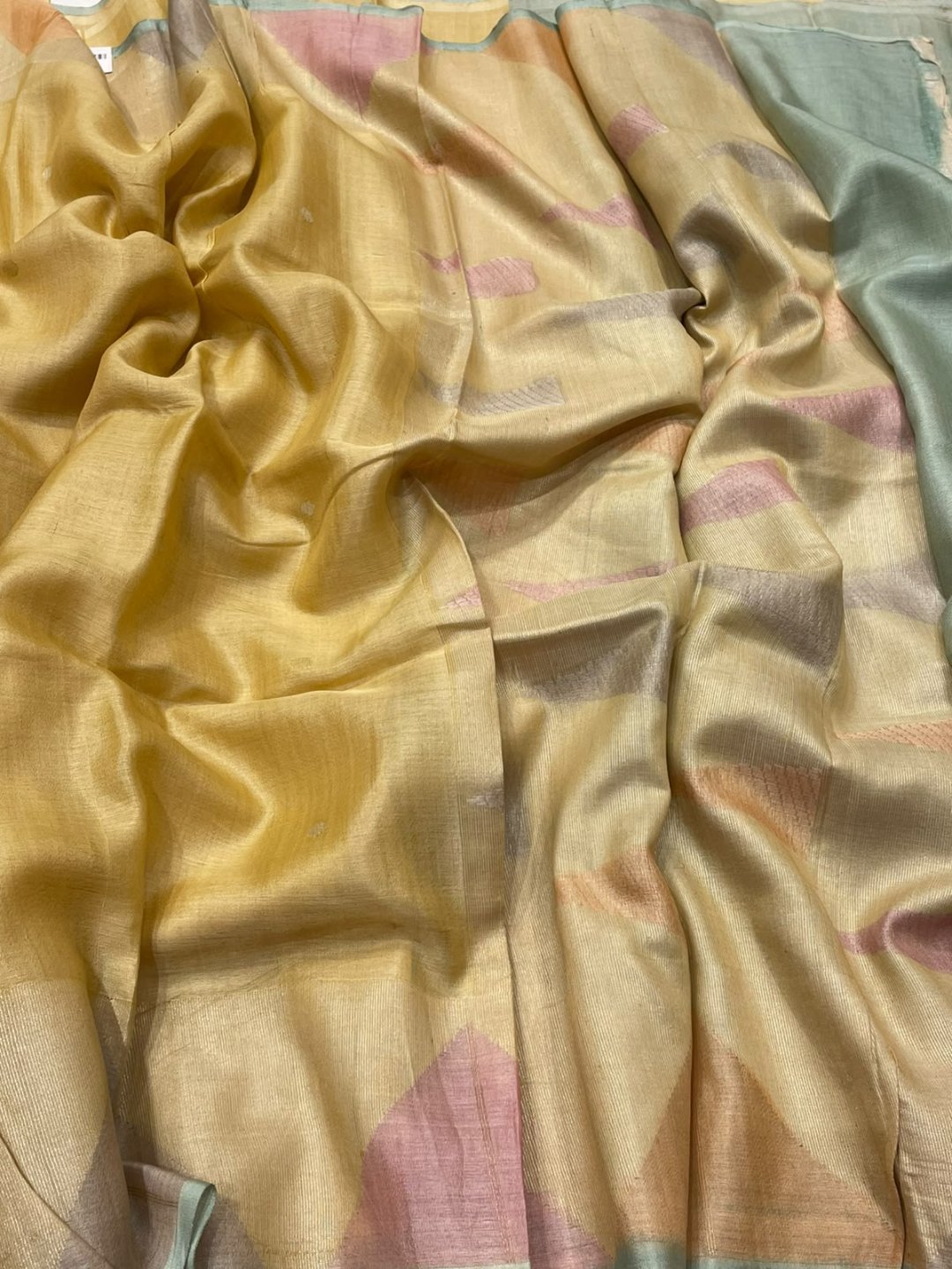 Pastel green with teal blue Raw silk saree Banarasi saree front drape view