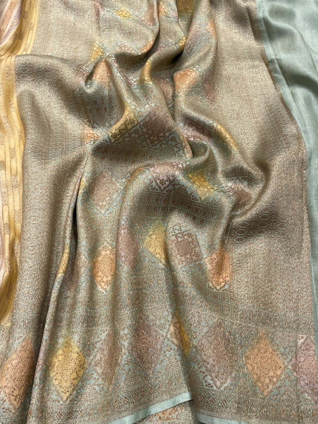 Multicolor Stripes with green border Tussar Silk Banarasi saree border closeup