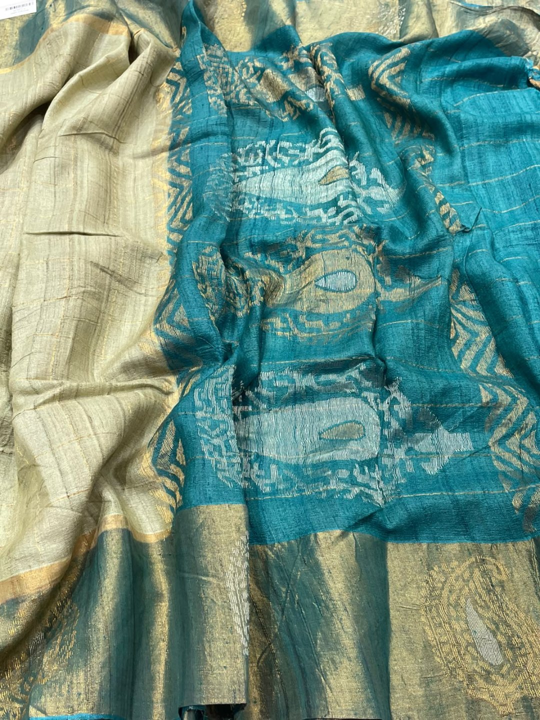 Dusty grey with teal blue border Raw silk saree Banarasi saree front drape view