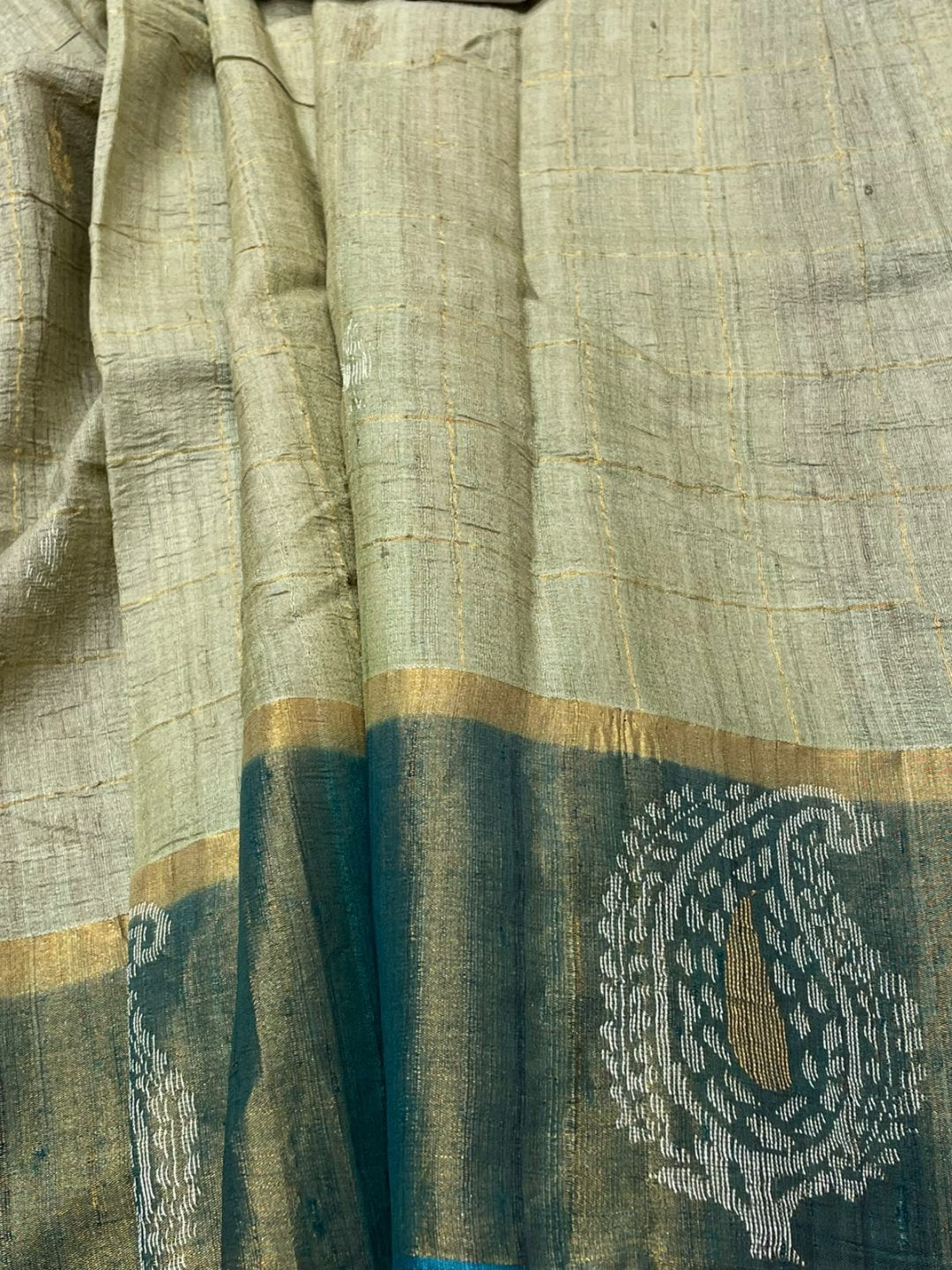 Dusty grey with teal blue border Raw silk saree Banarasi saree full spread
