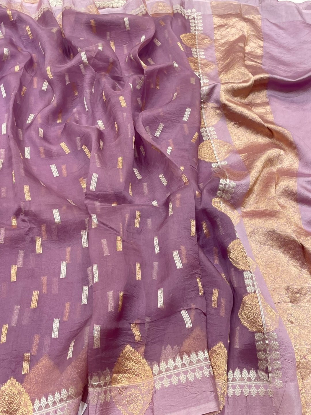 Peach Kora Silk Banarasi saree full spread