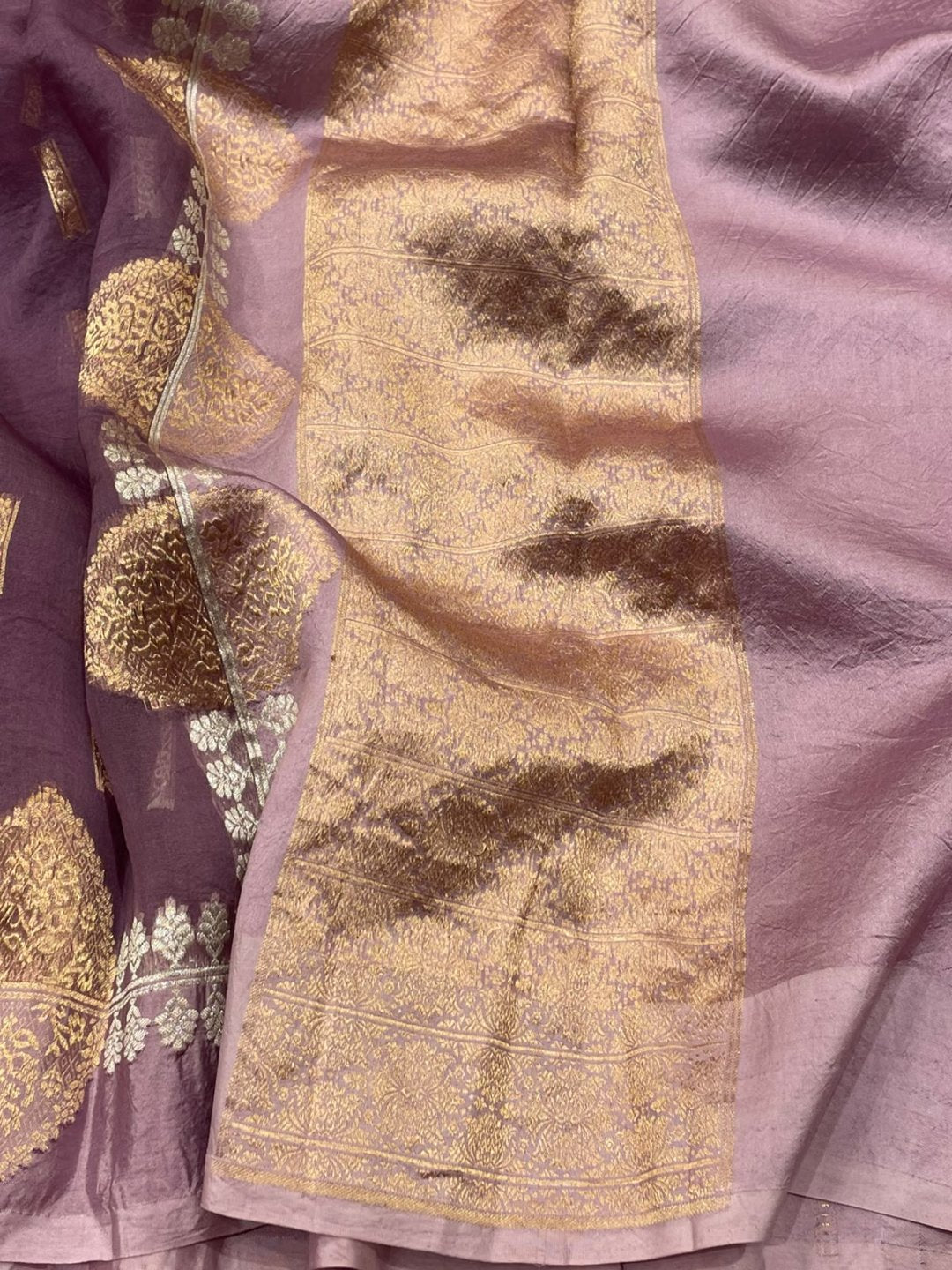 Peach Kora Silk Banarasi saree texture detail