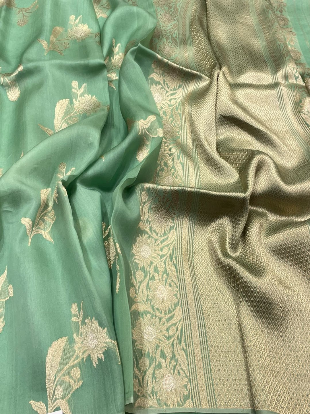 light green Kora Silk Banarasi saree front drape view