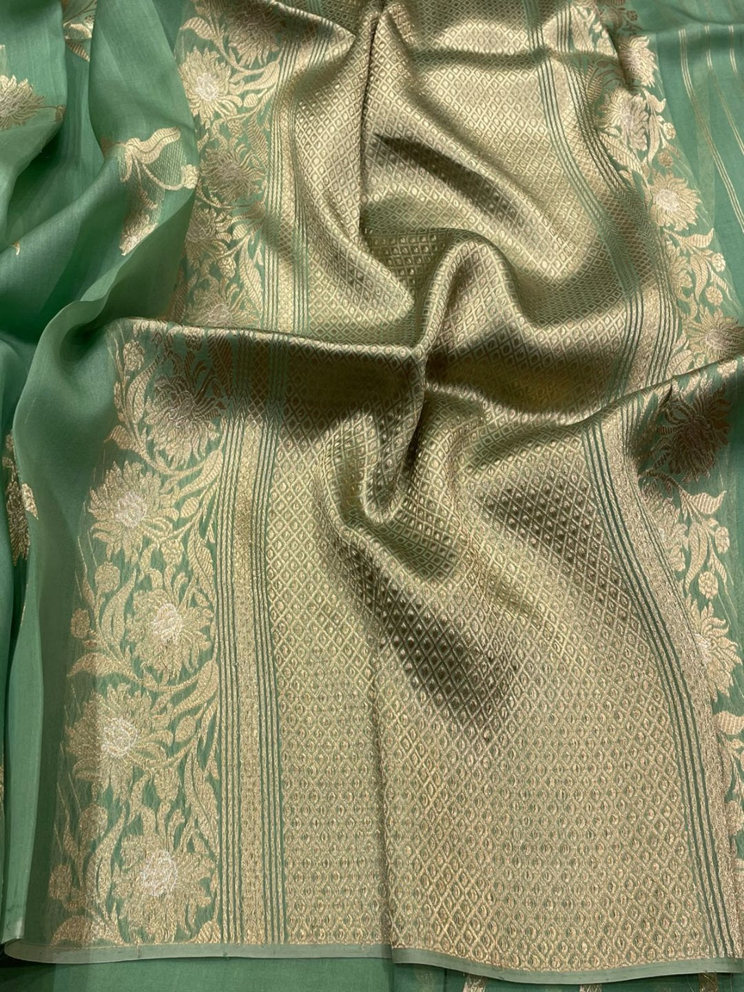 light green Kora Silk Banarasi saree pallu detail