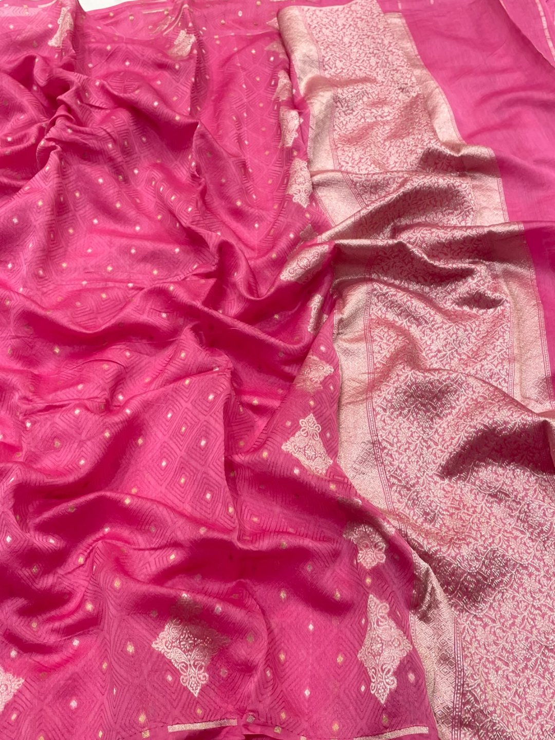 Light pink Kora Silk Banarasi saree front drape view