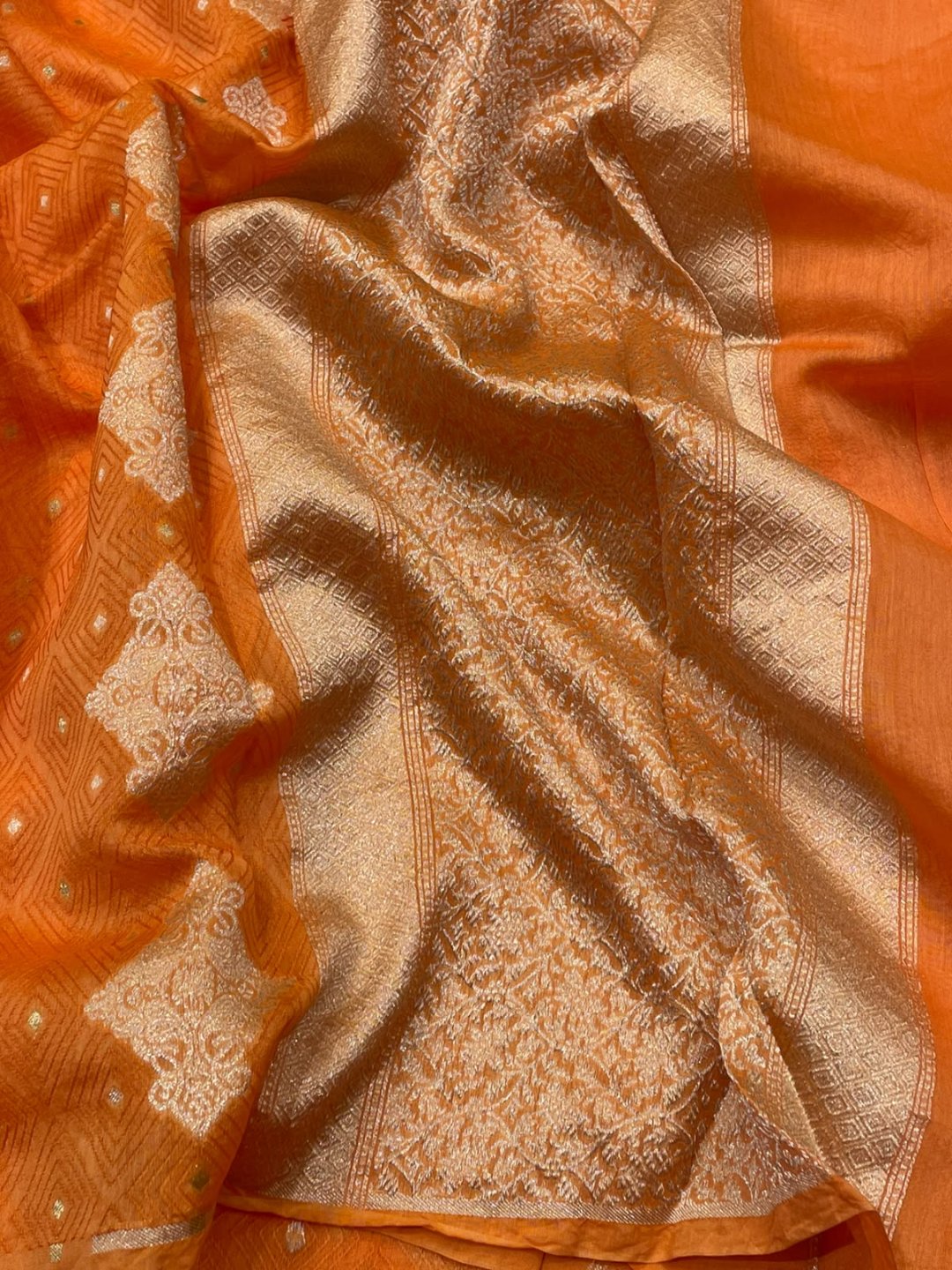Orange Kora Silk Banarasi saree pallu detail