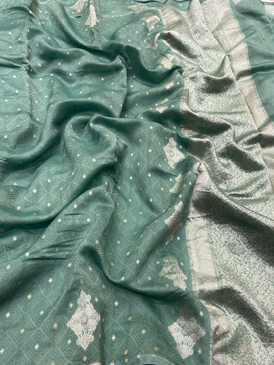 Sea Green Kora Silk Banarasi saree front drape view