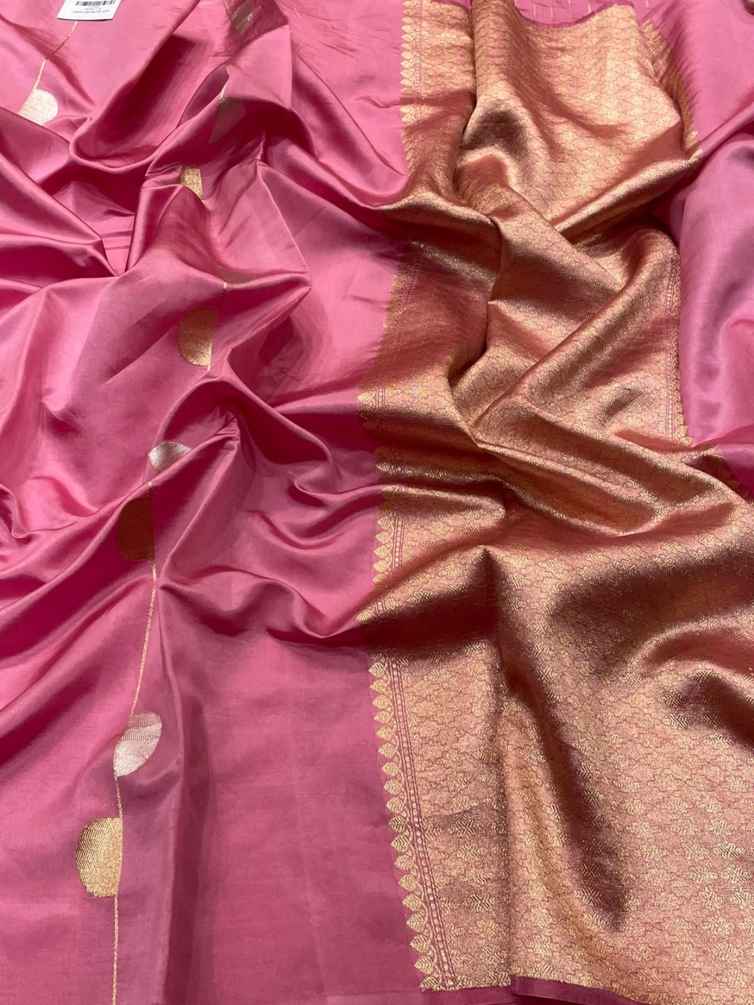 Pink Katan Silk Banarasi saree front drape view