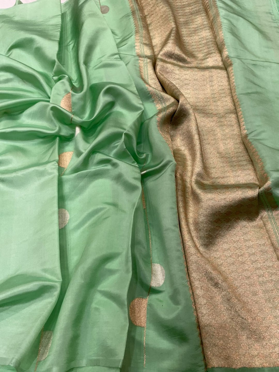 Green Katan Silk Banarasi saree front drape view