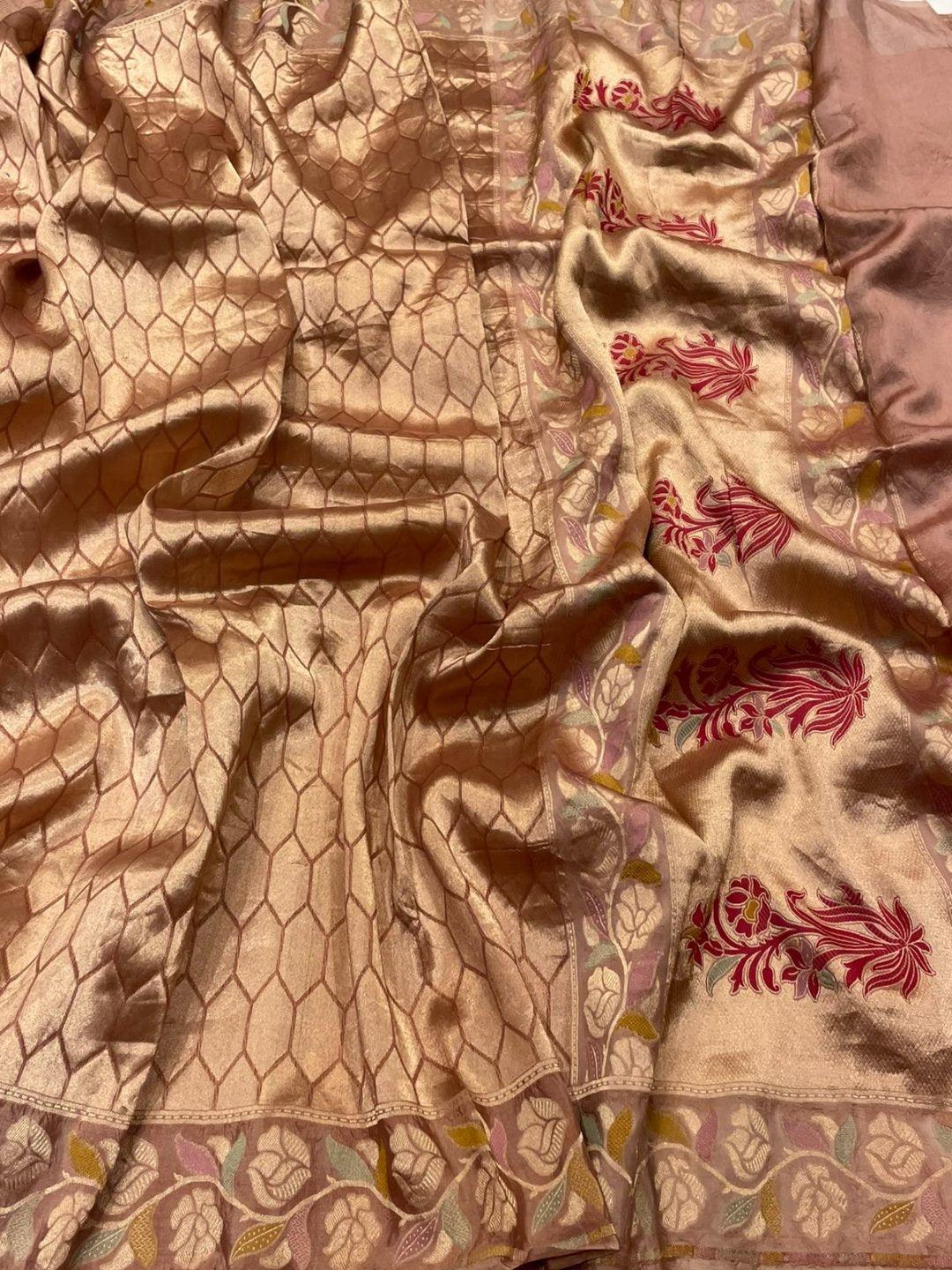 Soft Peach Kora Silk Banarasi saree front drape view