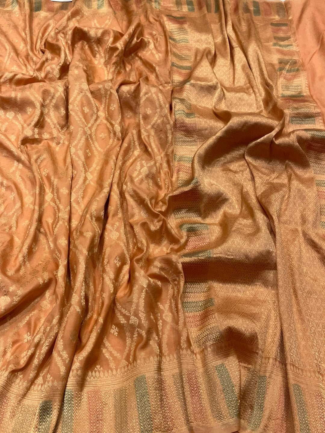 Light peach Katan Silk Banarasi saree front drape view