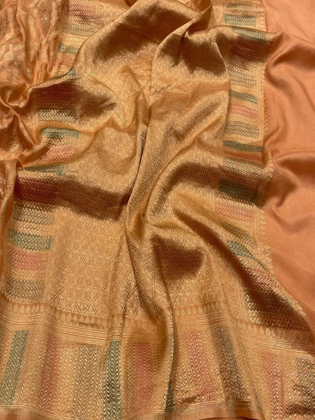 Light peach Katan Silk Banarasi saree pallu detail