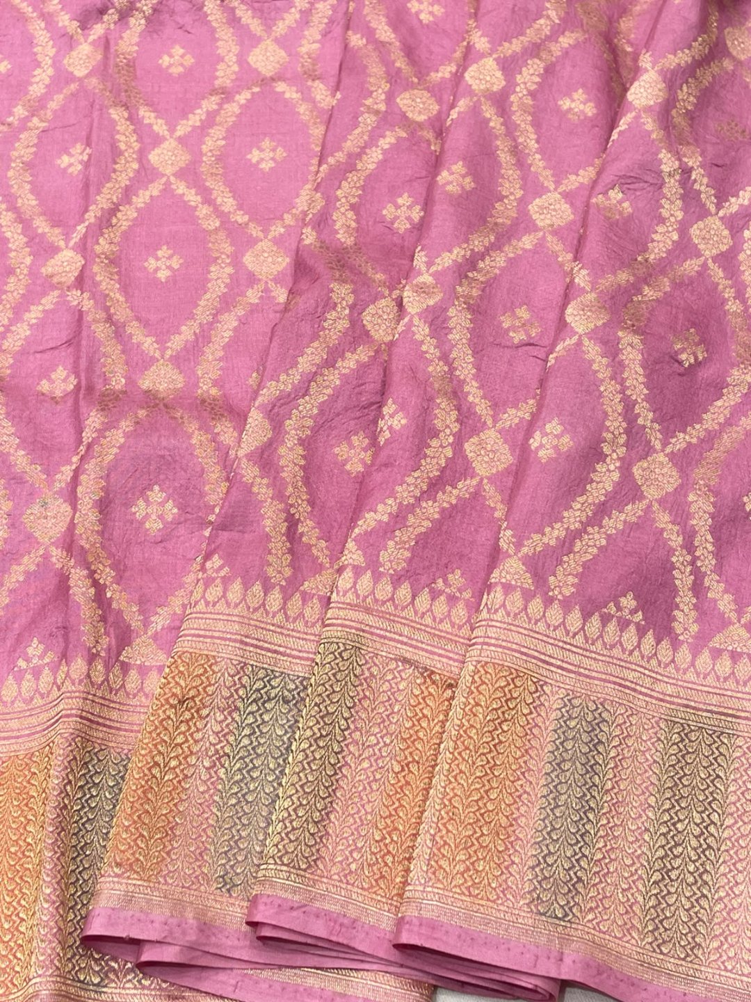 Pink Katan Silk Banarasi saree border closeup
