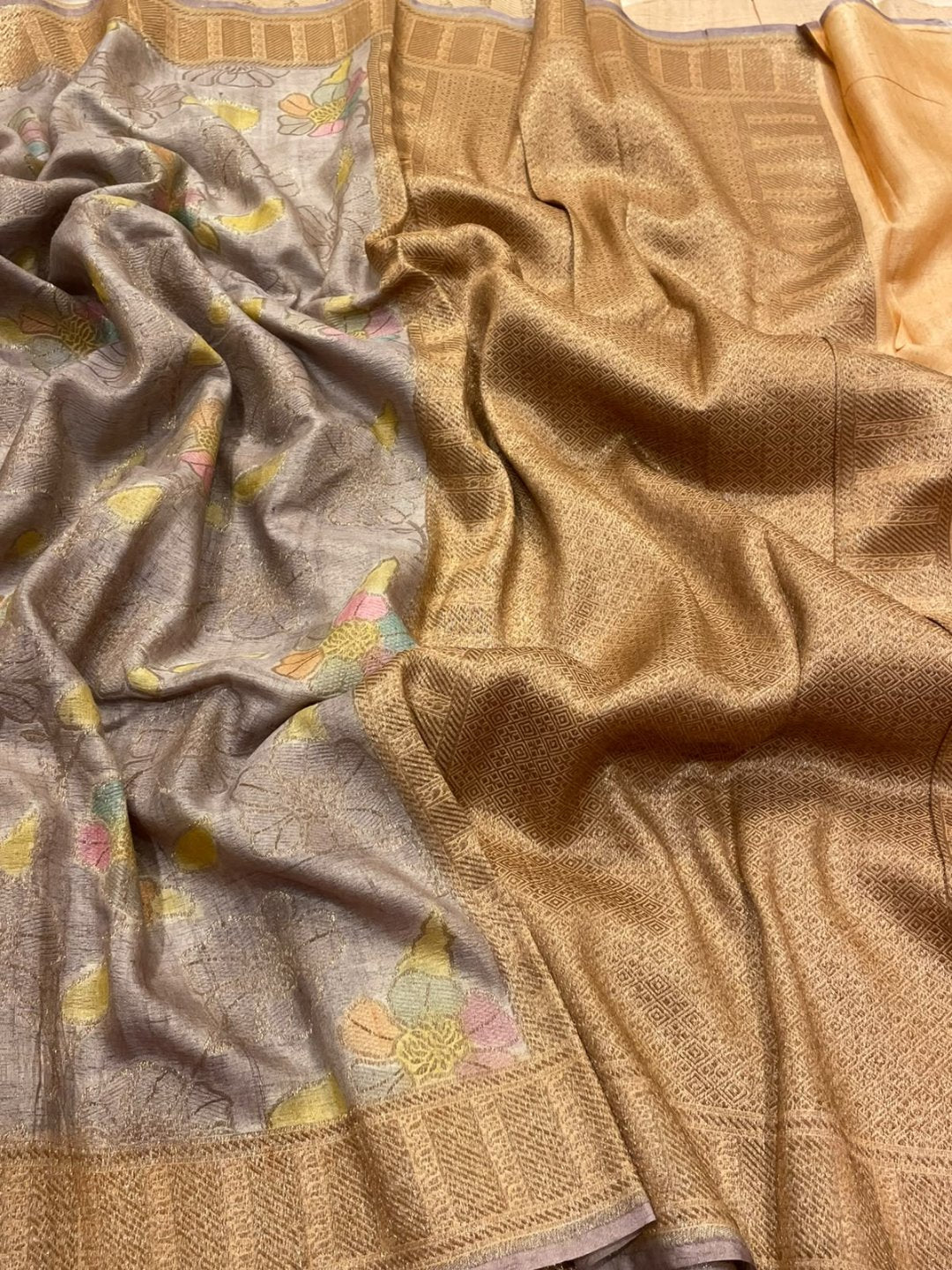 Grey with multicolor flower Tussar Silk Banarasi saree front drape view