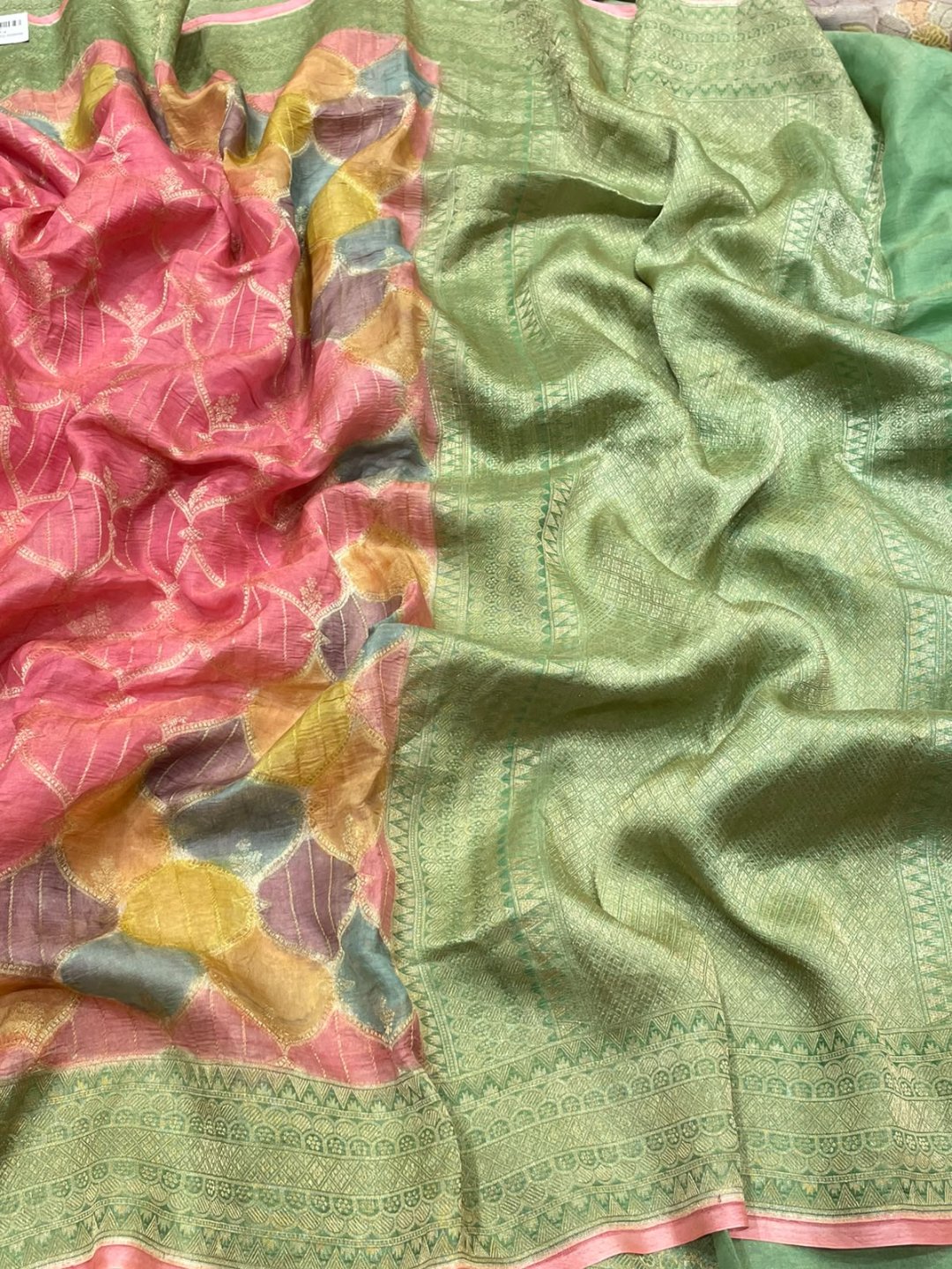 Pink with Green border Tissue Silk Banarasi saree front drape view
