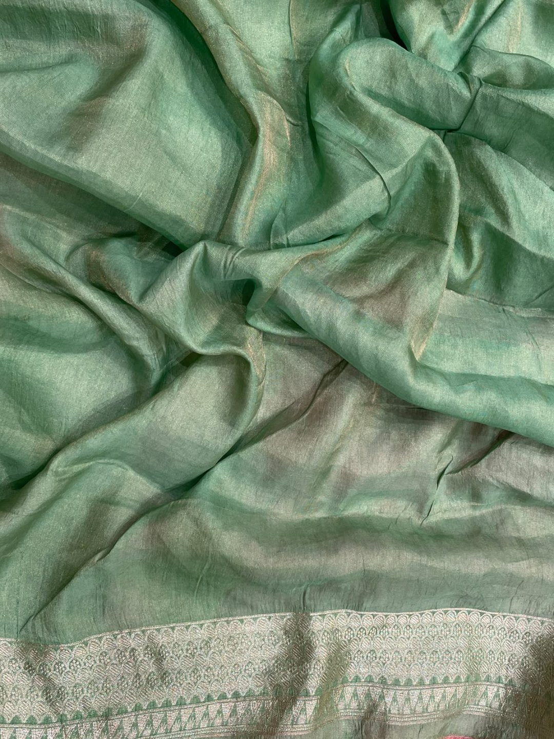 Pink with Green border Tissue Silk Banarasi saree full spread