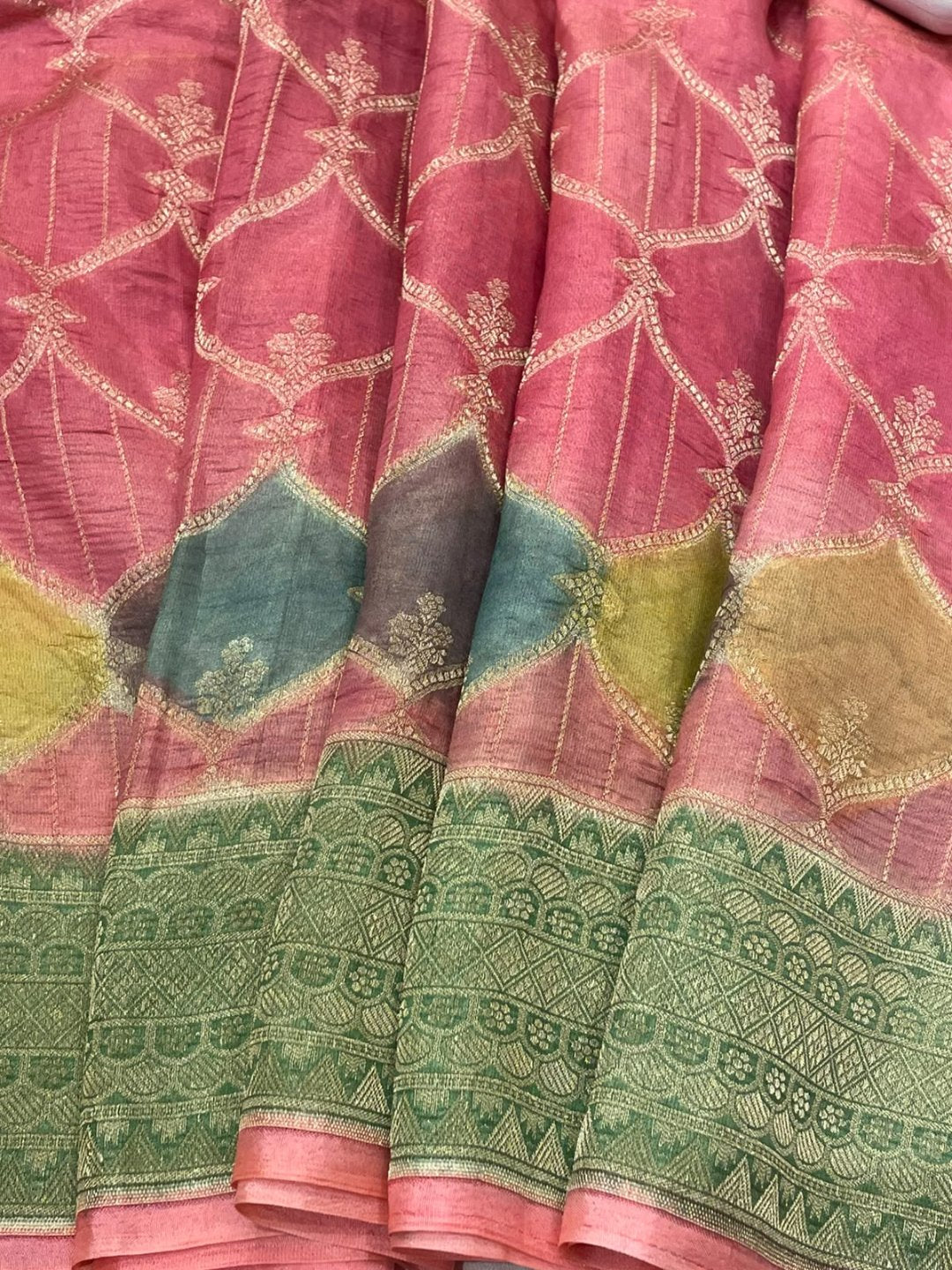 Pink with Green border Tissue Silk Banarasi saree blouse piece