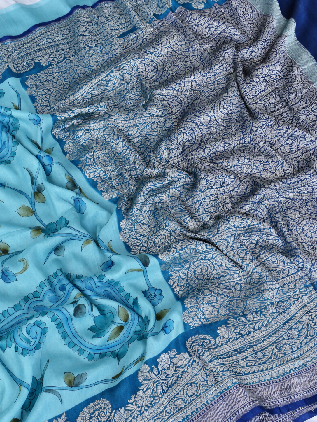 Aqua Bloom Banarasi Saree with Royal Blue Zari Pallu