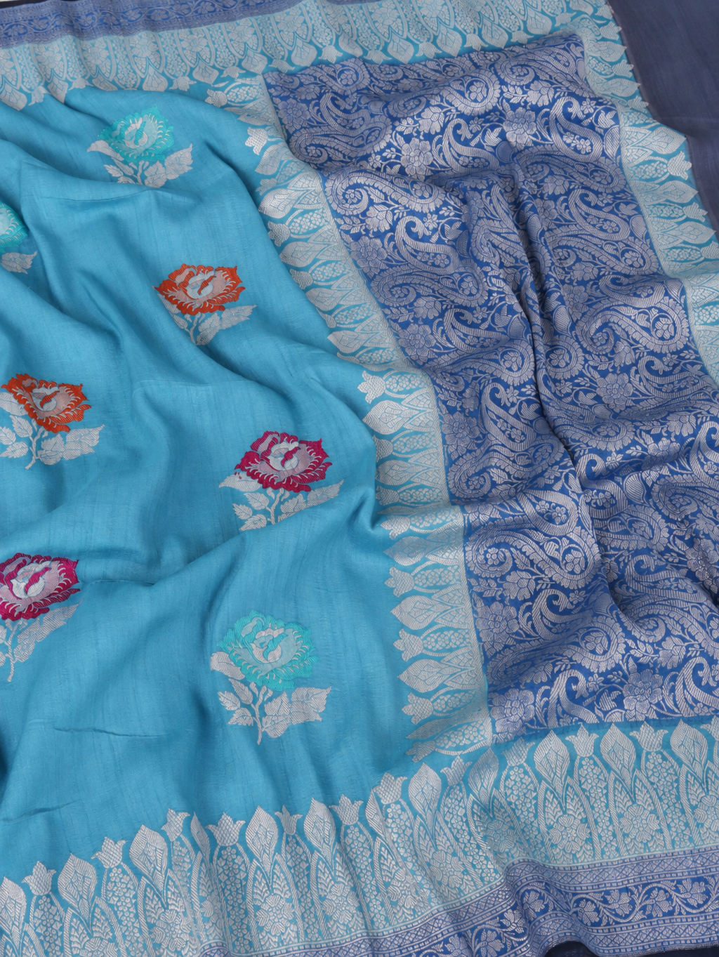 Neel Gulab Steel Blue & Aqua Banarasi Saree