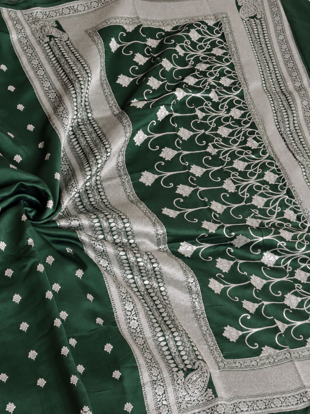 Rani Pink Tussar Linen Saree with Silver Zari Bootis & Floral Vine Pallu