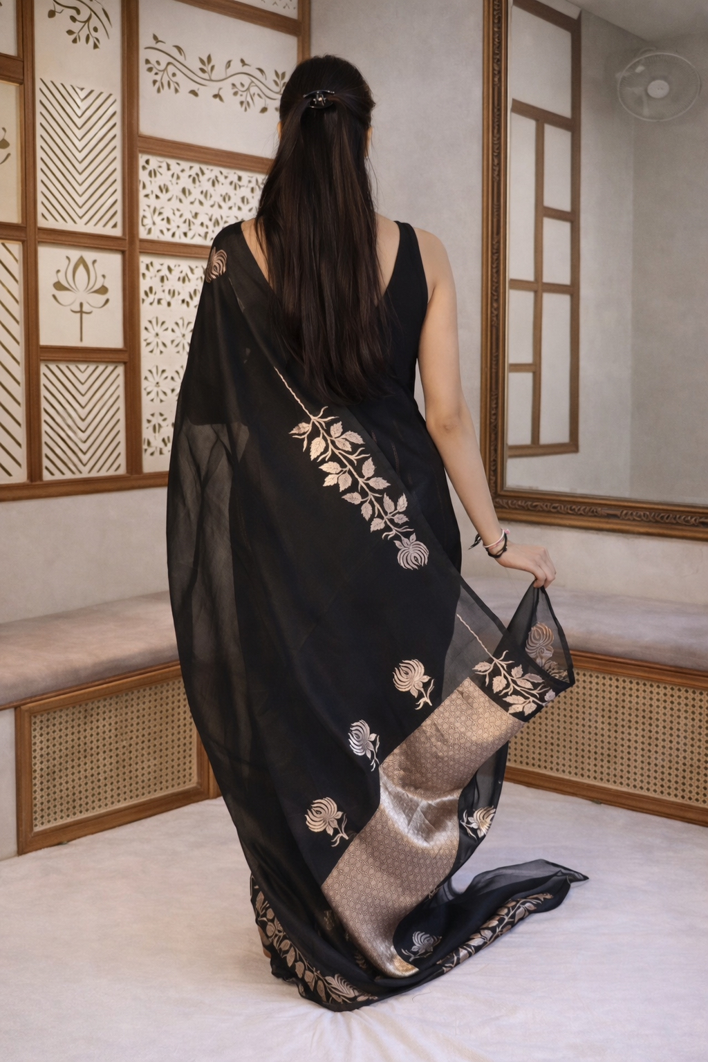 Pre Order - Gulab Border Handloom Kora Silk Saree - Black