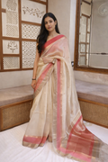 Contrast Border Handloom Pure Kora Silk Saree -  Cream