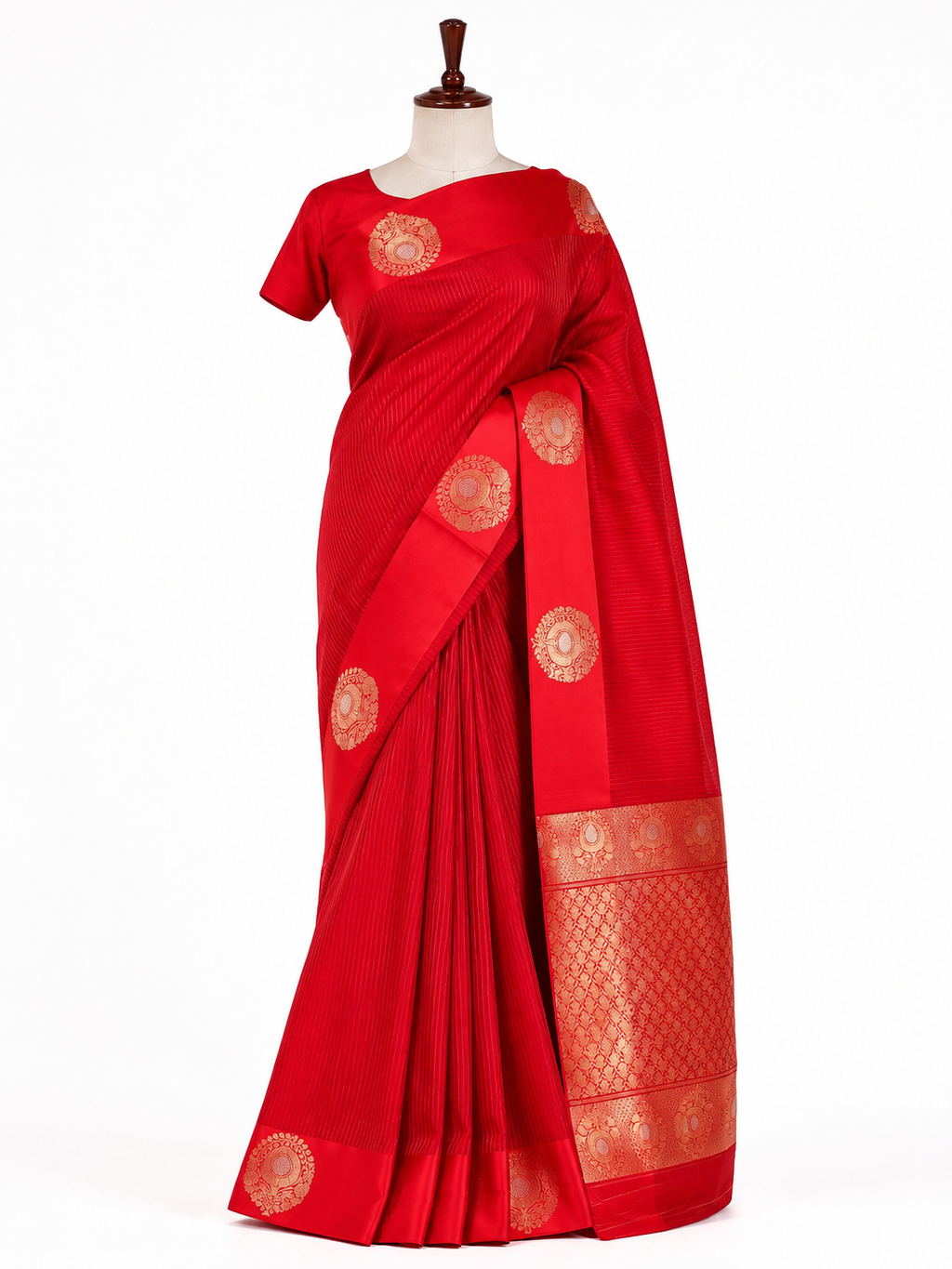 Red Kora Silk Banarasi Saree with Kadwa Self weaving and Buta border