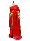 Paisley Pallu Handloom Banarasi Moonga Silk Saree - Tomato Red with Purple