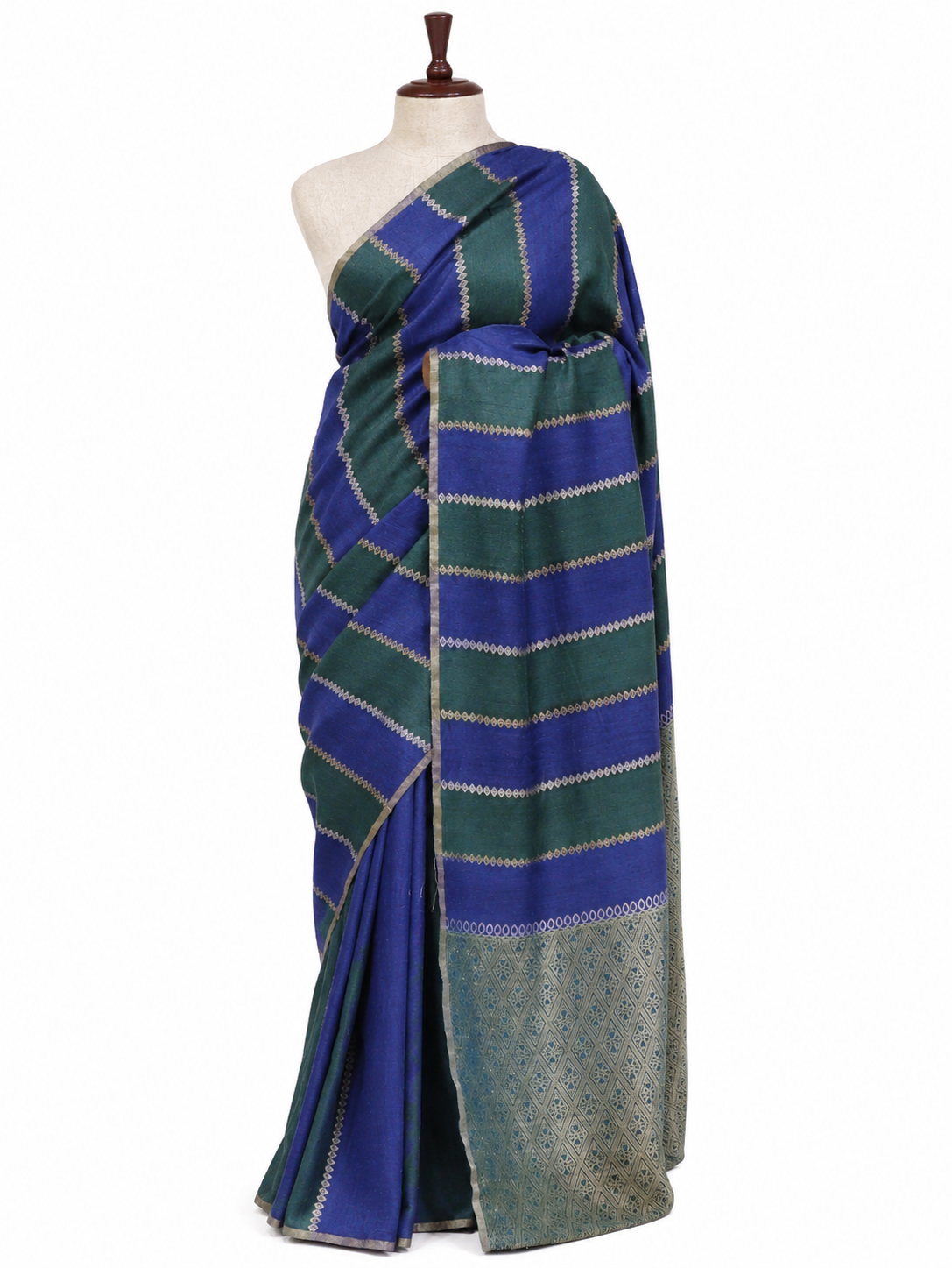 Paisley Pallu Handloom Banarasi Moonga Silk Saree - Bottle Green  with Blue