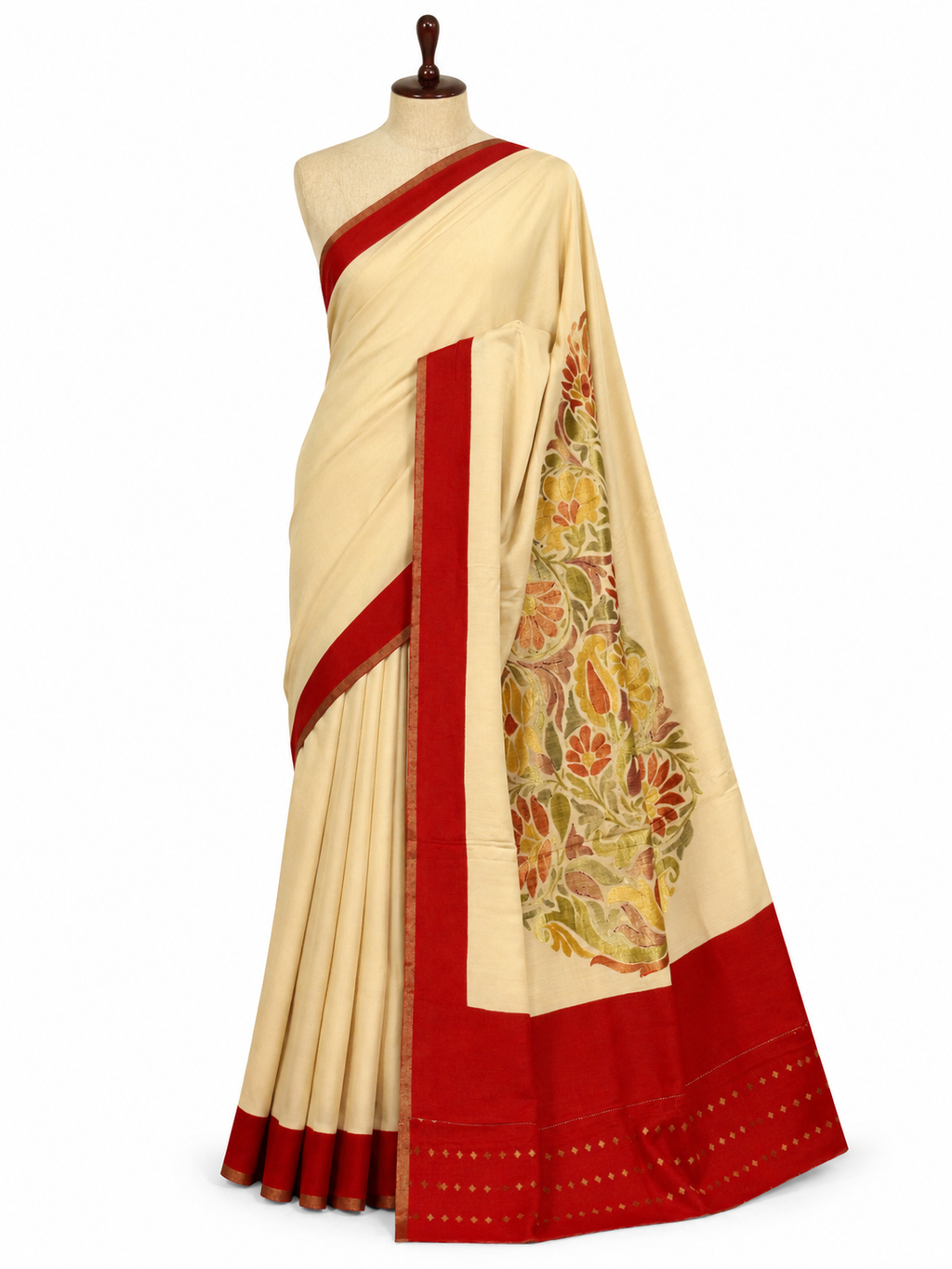 Paisley Pallu Handloom Banarasi Moonga Silk Saree - Off White with Red