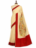 Paisley Pallu Handloom Banarasi Moonga Silk Saree - Off White with Red
