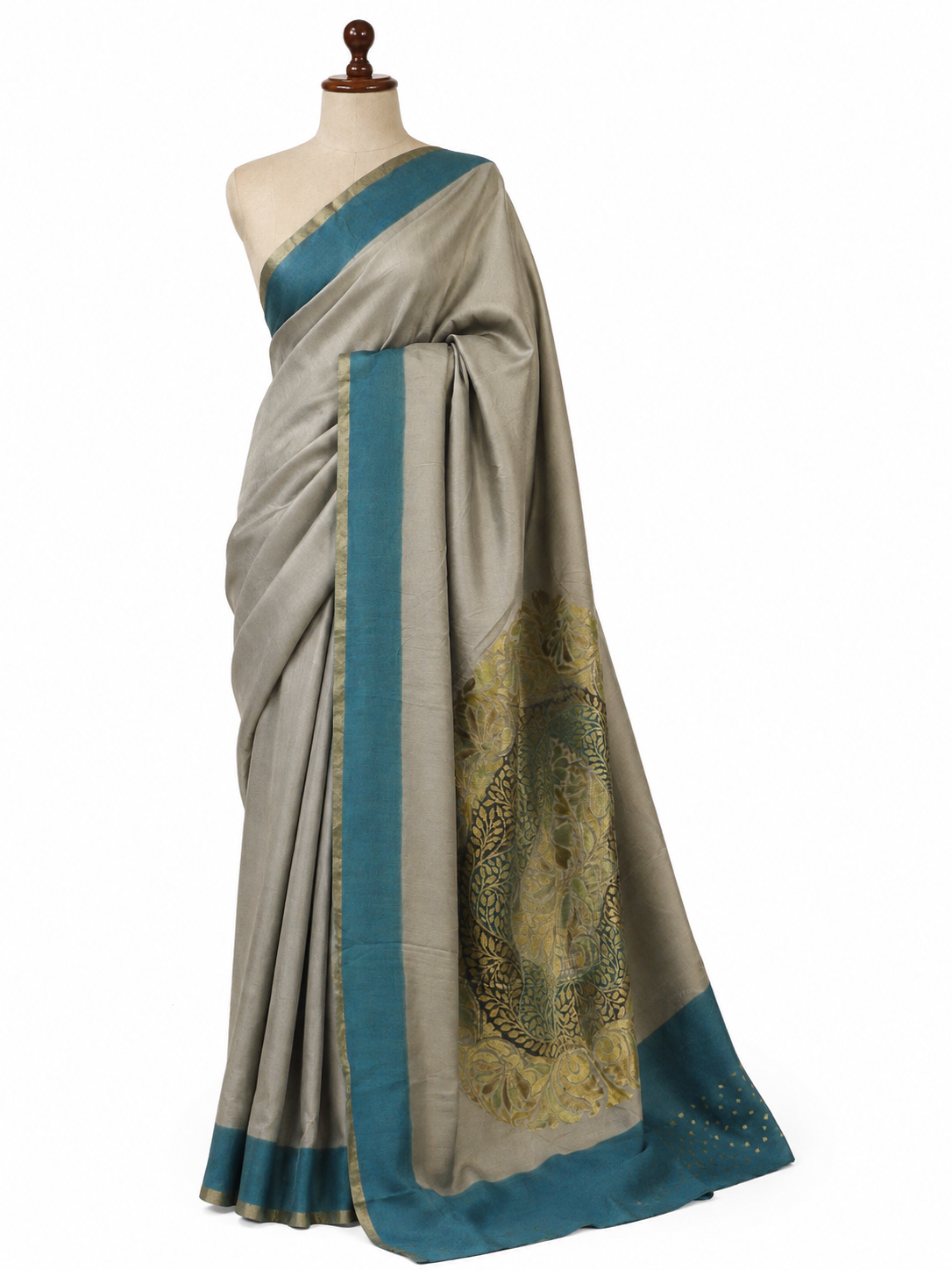Paisley Pallu Handloom Banarasi Moonga Silk Saree - Ash Blue with Aqua Blue