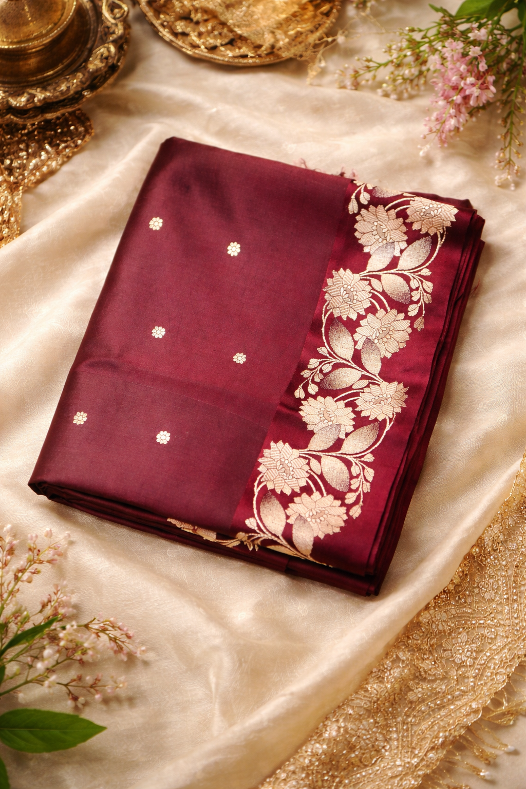 Pre-Order : Wine Pure Soft Katan Silk Handloom Saree with Stripes Blouse