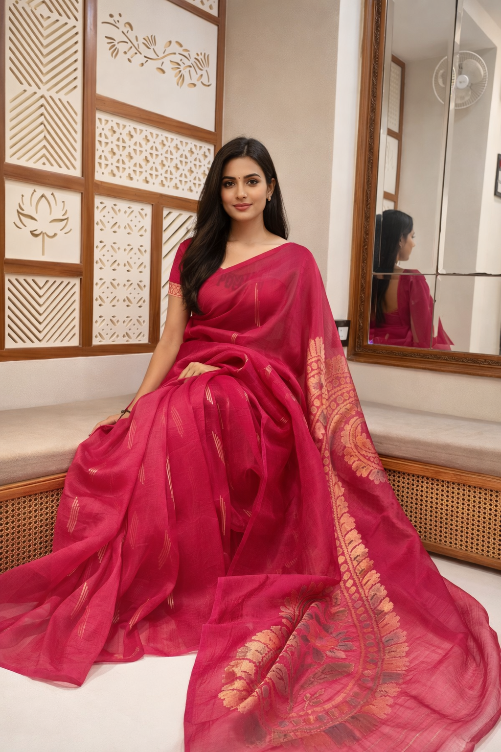 Raspberry Pink Pure Kora Silk Handloom Saree with Rangkaat Blouse
