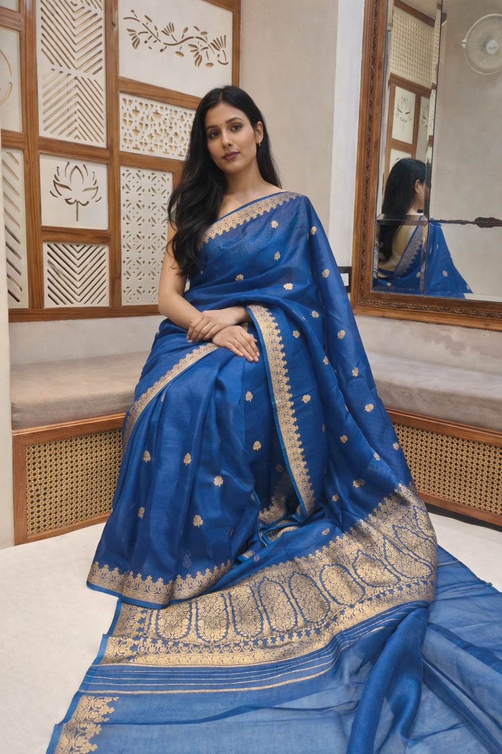 Peacock Blue Pure Kora Silk Handloom Saree