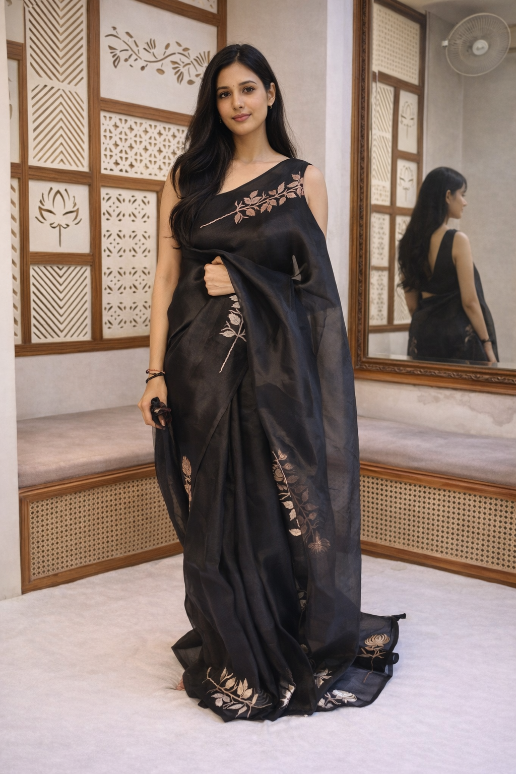 Pre Order - Gulab Border Handloom Kora Silk Saree - Black