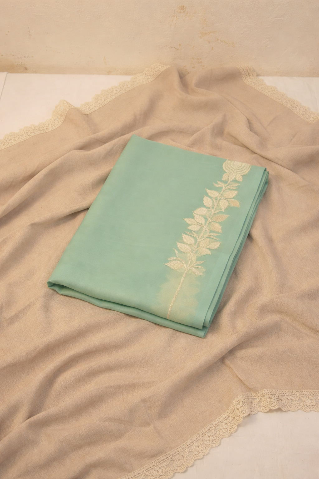 Ocean Green Pure Kora Silk Handloom Saree with Stripe Blouse